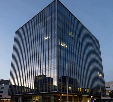 Exterior of a contemporary South American glass office building at dusk, reflecting deep navy blue and steel blue sky colors, professional architectural photography.