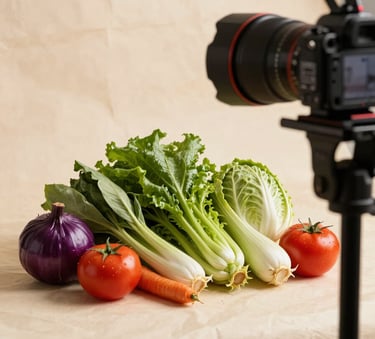 Behind-the-scenes photography of a professional content creator in a North American / US studio shooting a video of fresh, vibrant vegetables against a Crisp Parchment background.