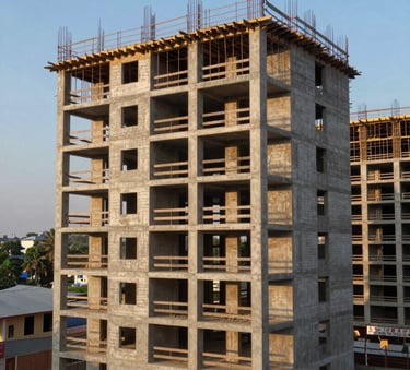 A cinematic shot of a modern residential project under construction in a South Asian / Indian neighborhood in Chennai, captured at golden hour with soft sunlight hitting the concrete structures and steel blue sky in the background.