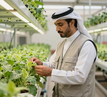 A professional Middle Eastern agricultural expert in a modern utility vest, standing inside a high-tech hydroponic farm in Saudi Arabia, examining plant growth under clean bright lighting, medium green and off-white color tones.