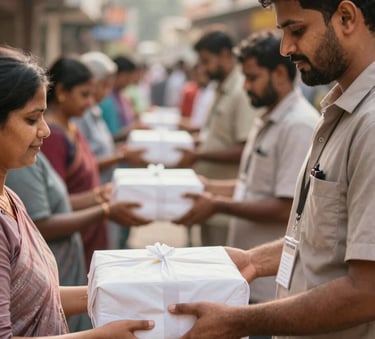 A group of professional volunteers in Bangalore distributing nutritious meals and healthcare kits to a community, warm natural lighting, soft focus on the background urban setting, featuring colors like #856F5E and #C1B4A5.