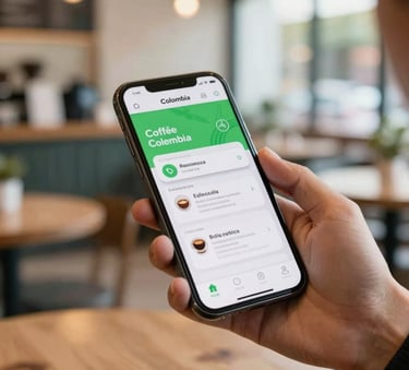 A high-quality close-up photograph of a person's hands holding a modern smartphone in a bright local Colombian coffee shop. The screen displays a clear mobile app layout with green accents, in a bright, clean, editorial style.