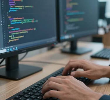 A close-up of a software engineer's hands typing on a keyboard in a modern office in Brazil, with code reflected on a glass surface, soft natural lighting, incorporating muted blue and light blue tones.