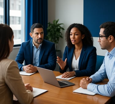 A professional South American / Brazilian corporate meeting room with natural sunlight. A diverse team is discussing marketing strategy around a wooden table. High-end photography, sharp focus, vibrant yet professional mood, royal blue accents in the decor.