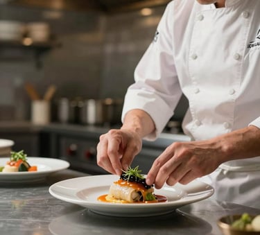 A crisp, professional photography shot of a chef in a modern North American kitchen preparing a dish with precision. Soft natural light illuminates the scene, capturing the authentic, artisanal atmosphere of a sophisticated eatery.