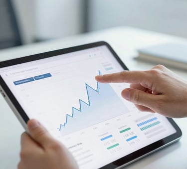 A close-up of a professional advisor's hand pointing at a clear, complex financial growth chart on a tablet. The setting is a bright, premium office with subtle #3C6B6F and #1A2F3D accents in the decor. High-end, corporate, professional lighting.