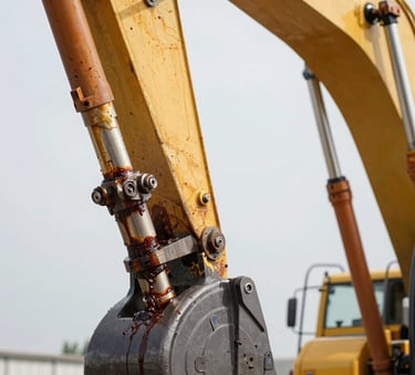 Close-up detail of a hydraulic piston and joint on a heavy excavator arm, grease and steel textures, engineering precision, bright daylight.