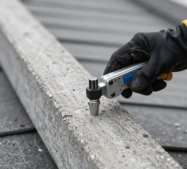 Macro shot of a structural engineer's gloved hand using a diagnostic tool on a weathered roof beam, sharp focus, technical lighting, concrete gray and steel black palette, North American / US (New York City).