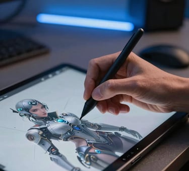 Detailed close-up of a digital artist's hand using a stylus on a high-tech tablet to design a futuristic character in a North American studio. The lighting is crisp and sophisticated, with horizon blue accents, emphasizing professional artistic innovation.