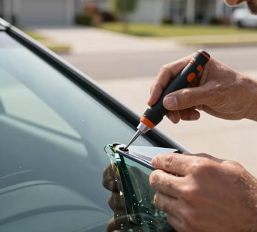 A close-up photograph of a professional mobile glass technician's hands carefully applying resin to a small chip in a car windshield. The setting is a clean suburban North American driveway during a bright morning. The focus is sharp on the repair tool, with a blurred background showing a modern residential street.