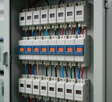 A high-precision view of a modern industrial electrical control panel with organized wiring and digital components, accented with muted blue and off-white tones, studio lighting for clarity.