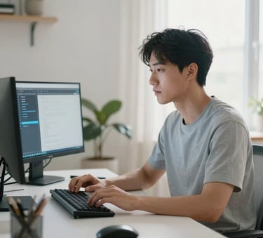 A focused software developer working in a bright, modern North American home office. The composition is a medium shot with soft morning light, showing high-end tech peripherals and a clean aesthetic with light gray and blue accents.