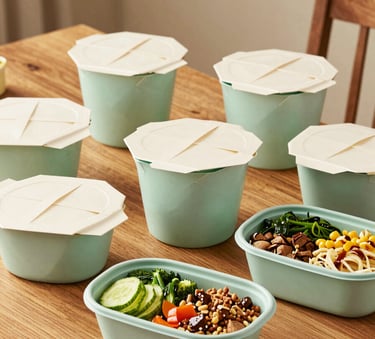 A delicious spread of hot takeout containers and fresh meals from a local restaurant on a wooden dining table in a cozy North American / US home environment, warm lighting, Pale Mint Green and Creamy White accents.