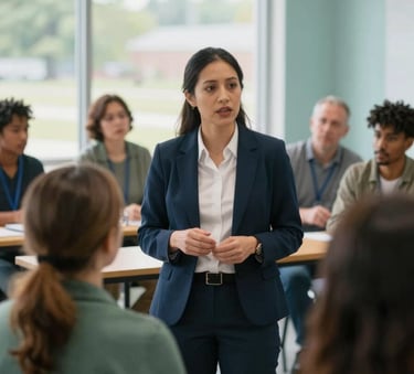 A focused candidate in professional attire engaging in conversation with a diverse group of constituents at a local North American community center, natural window light, teal and navy blue color palette.