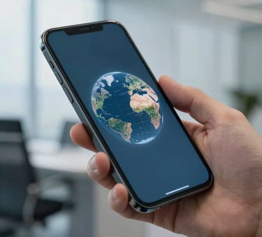 A close-up photograph of a person's hand using a high-resolution smartphone in a bright, modern office with blue-grey accents. The lighting is soft and professional, capturing a sleek International / Global atmosphere.