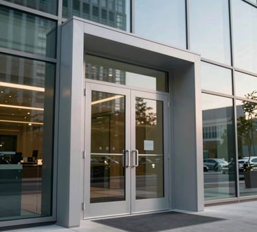 A sleek commercial glass entrance door on a modern North American US office building during a clear afternoon, exhibiting professional architectural design.