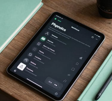 A top-down view of a designer's desk in a North American studio featuring a tablet with a sleek mobile interface layout, a stylus, and a notebook, with accents of Jade Green and Mint Green.