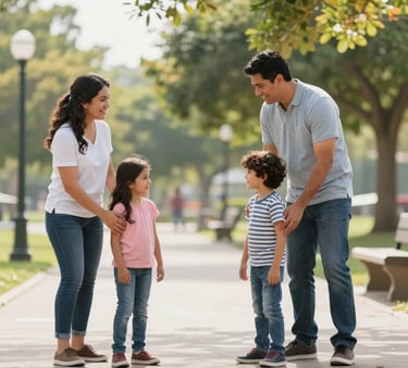 A medium shot of a happy North American / Hispanic family playing together in a sun-drenched public park, symbolizing security and a bright future, with soft natural lighting and a clean, modern photographic style.
