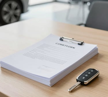 A professional contract signing in a bright modern office, a neat stack of car documents and a modern car key on a clean wooden table, soft daylight