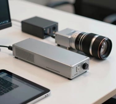 A close-up shot of high-tech communication equipment and a digital tablet on a clean desk in a Brazilian tech hub office. Steel grey and off-white tones dominate the scene, reflecting efficiency and precision.
