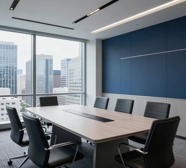 A wide shot of a modern, professional boardroom in a North American / US financial hub, with large windows overlooking a city skyline and a clean, minimalist aesthetic featuring light gray and dark blue tones.
