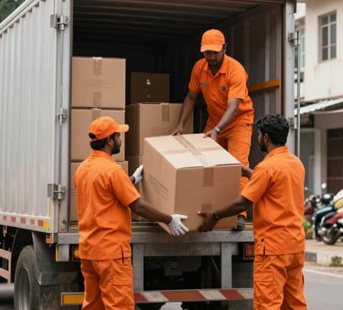 Professional loaders in clean orange uniforms carefully loading boxes into a modern cargo truck in a quiet South Asian / Indian neighborhood.