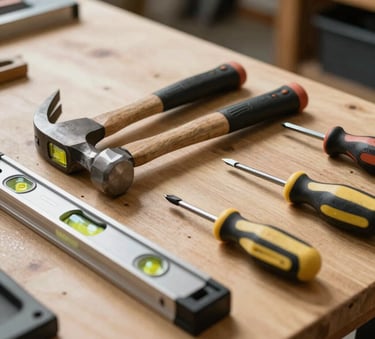 Close-up of high-quality professional hand tools like a hammer, levels, and screwdrivers arranged neatly on a clean wooden workbench, North American / US workshop environment, soft natural lighting.