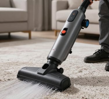 Professional high-powered water extraction vacuum being used on a saturated carpet in a modern Miami living room, professional restoration equipment, clean and sharp lighting.