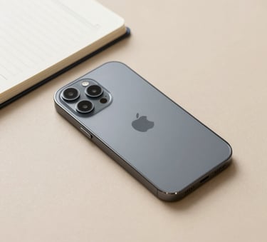 Una fotografía profesional de un smartphone moderno sobre una superficie beige mate junto a una libreta de planificación, iluminación natural, estilo limpio y corporativo.