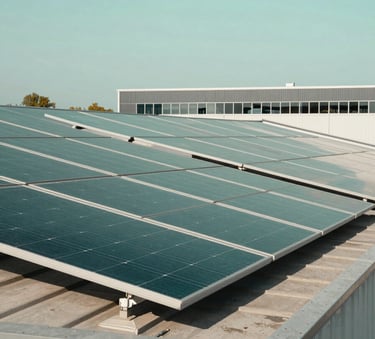 Close-up of modern solar panel arrays installed on a corporate rooftop in a Central European / German industrial park. The sky is a clear Pale Aqua, and the panels reflect a Medium Green sheen.