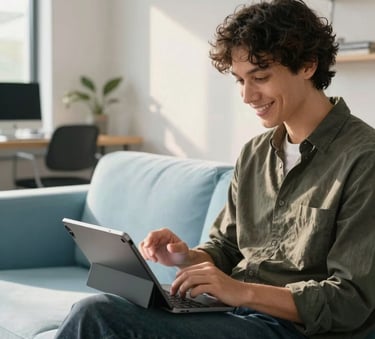 A bright, modern interior of a creative tech studio. A person is sitting on a light blue couch, smiling while interacting with an Android tablet. Sunlight is warm and approachable, highlighting the minimalist decor. Global / Tech-focused.