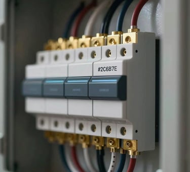 A close-up of a high-tech smart electrical panel with organized wiring and gold-plated components, reflecting a luxury tech aesthetic with #2C6B79 lighting.
