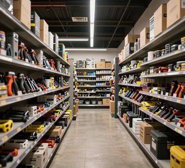 A wide-angle photography shot of a modern hardware store interior in a South American / Brazilian city, featuring neatly organized aisles of professional tools, high-quality lighting, and a clean, industrial-chic atmosphere.