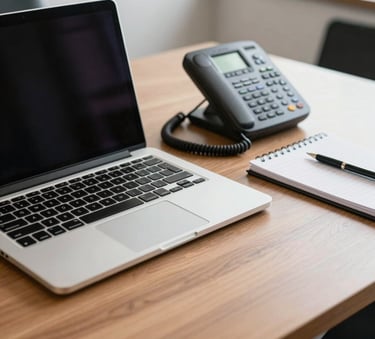 Close-up photography of a professional workspace in a Brazilian office. A high-end laptop, a modern telephone system, and a notepad sit on a clean wooden desk. Professional and organized atmosphere with natural lighting.