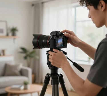 Professional photography of a content creator in a modern North American apartment studio. They are adjusting a mirrorless camera on a tripod, with a clean aesthetic and soft lifestyle lighting. The scene reflects creativity and expertise in digital content production.