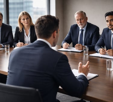 Professional business job interview with a hiring panel of corporate executives in a boardroom.