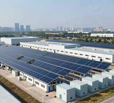 A wide-angle view of a decentralized smart energy grid facility, clean industrial architectural lines, showcasing solar arrays and storage units in a palette of #2D4A6E and #7BA0BF under clear bright skies.