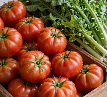 A close-up shot of a rustic farmer's market stall in North America, featuring vibrant heirloom tomatoes and leafy greens in wooden crates, styled with Deep Ripe Crimson and Matte Forest Green tones.