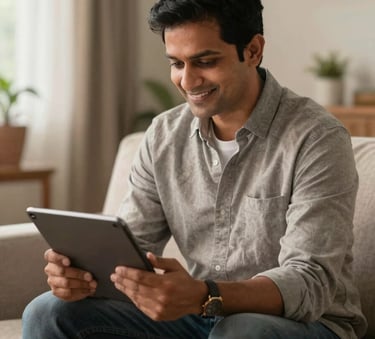 A South Asian property owner sitting on a sofa in a well-lit living room, looking satisfied while checking property reports on a tablet, soft warm indoor lighting.