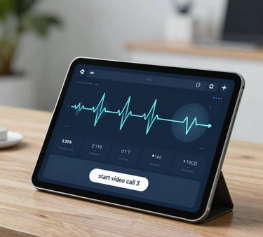 A high-tech digital tablet on a clean wooden desk showing a professional medical dashboard with heart rate icons and a 'start video call' button. Modern medical clinic atmosphere with a soft-focus plant in the background. Palette features #0C2B3C and #92B7C0.