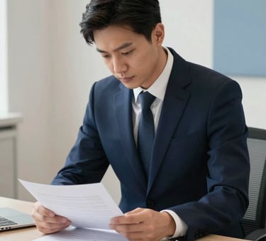 A focused professional in a deep navy suit reviewing business documents in a bright, minimalist office with soft off-white walls and slate blue accents. Soft natural lighting.