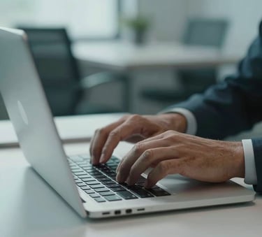 Close-up of professional hands typing on a high-tech sleek laptop in a modern office setting, cool teal and pale blue lighting, focused on digital efficiency, Hispanic / Latin American context.