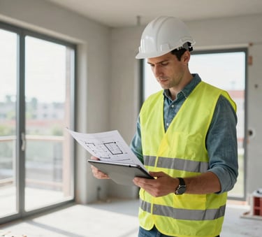 A professional construction manager in a high-visibility vest reviewing architectural floor plans on a tablet inside a modern luxury apartment under construction, bright natural light, Northern European setting.
