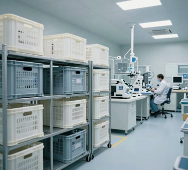A high-tech medical distribution center interior in North America, featuring organized logistics crates, sterile white and light grey surfaces, and professional lighting.