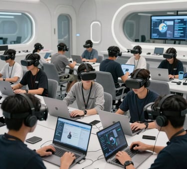 A wide shot of a group of trainees in a futuristic learning center in North American / International, all wearing VR equipment while working on a collaborative digital project in a brightly lit space.