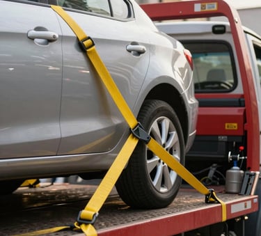 Close-up action shot of a silver car being safely secured with yellow heavy-duty straps onto a red flatbed tow truck. Professional and secure handling, South American / Brazilian urban street context, sharp focus, morning light.