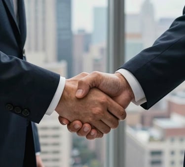 A close-up of two business professionals in North American business attire shaking hands firmly in front of a window overlooking a cityscape, symbolizing a successful partnership and trust.
