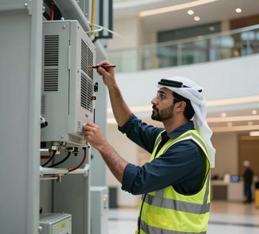 Professional worker in high-visibility gear inspecting building maintenance systems in a modern UAE commercial lobby, corporate lighting, Middle Eastern / Gulf context.