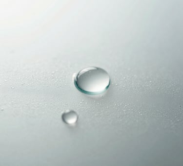 Abstract close-up of a sparkling clean glass surface with a few clear water droplets reflecting bright light. Minimalist, high-key lighting style. Palette includes whites, soft grays, and subtle teals.