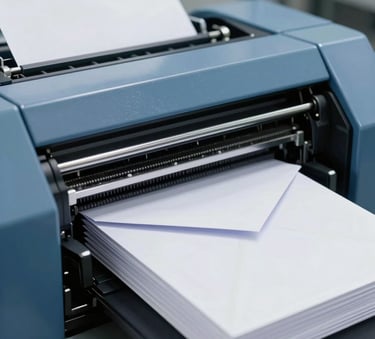 A close-up photograph of a high-speed envelope printer in a clean, modern North American production facility. The machinery is sleek, with subtle medium blue and dark blue accents, processing a stack of professional white envelopes under bright, even lighting.